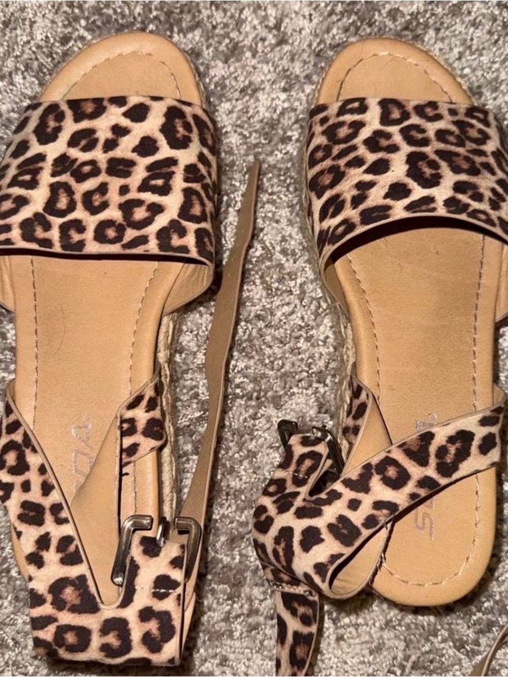 Soda Leopard Print Ankle-Strap Sandals in Tan and Black